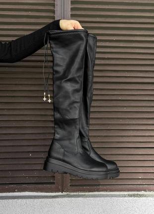 Стильовые черные женские ботфорты из кожи на завязках, без каблуков,зимние, экокожа, женственная обувь зима8 фото