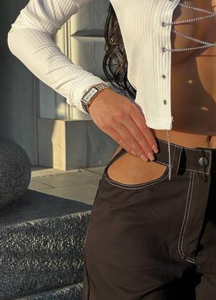 Трендовые брюки с высокой посадкой клеш широкие палаццо с вырезами на карманах модные трендовые2 фото