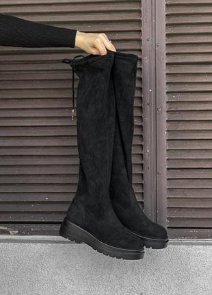 Стильные черные ботфорты на завязках, без каблуков,осенны,зимние, замшевые,экозамша, обувь эврозима8 фото