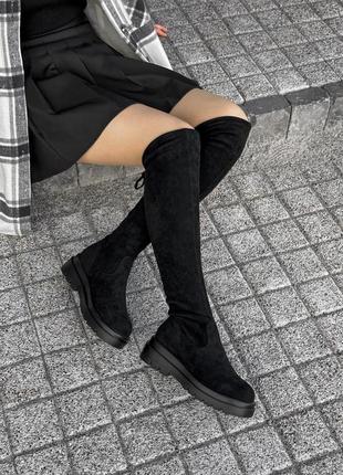 Стильные черные ботфорты на завязках, без каблуков,осенны,зимние, замшевые,экозамша, обувь эврозима5 фото