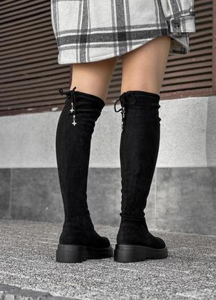 Стильные черные ботфорты на завязках, без каблуков,осенны,зимние, замшевые,экозамша, обувь эврозима4 фото