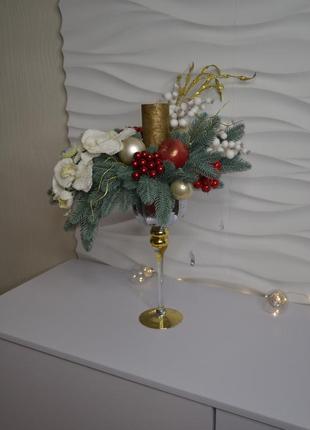 Новорічний декорований келих-свічник. різдвяна декорована підставка-келих для свічки на стіл