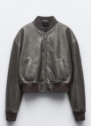 Куртка zara worn effect leather bomber jacket, s3 фото