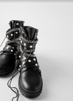Ботинки высокие кожаные натуральные zara с жемчужинами на мощной подошве 38 размер