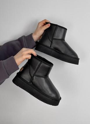 Топовые черные зимние угги, ломтики короткие сапоги на высокой подошве, кожаные/кожа-женская обувь зима