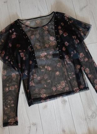 Блуза сетка с воланами в цветочный принт next5 фото
