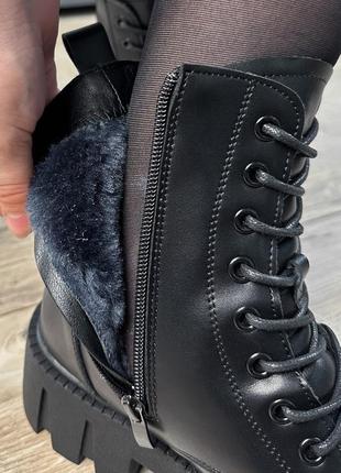 Трендовые стильные черные женские ботинки зимние,на массивной подошве, кожаные/кожа-женская обувь зима4 фото
