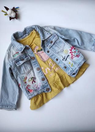 Джинсовка фирменная на девочку дино, джинсовая куртка, пиджак, рубашка на кнопках в динозавры, комплект, набор. оригинал