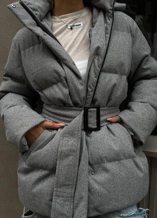 Дуже теплий пуфер зимовий пуховик тканина кашемір з поясом9 фото