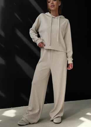 Теплый костюм ткань: рубчик теплый турецкий🇹🇷 свитер кофта с капюшоном + штаны палаццо клеш1 фото
