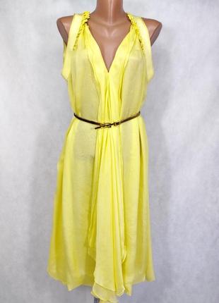 Шелковое платье hugo boss желтое легкое расклешенное без пояса
