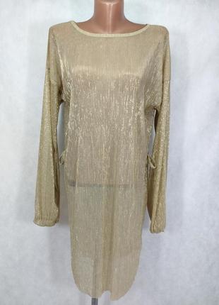 Платье сетка с рукавами глиттер золотой бежевый без пояса2 фото