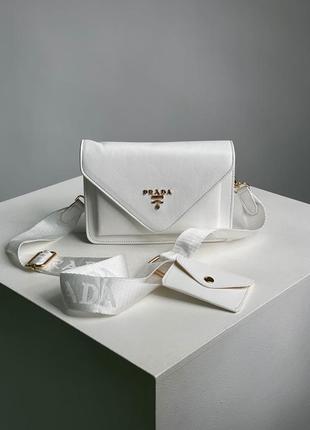 Женская белая сумка на плече широкий ремешок prada8 фото