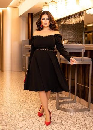 42-64р жіноча вечірня сукня чорна до колін напівсонце довгий рукав батал великі розміри плаття наряд