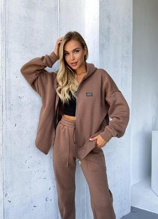 Качественный теплый женский спортивный костюм двойка ткань тринитка на флисе норма и больш...