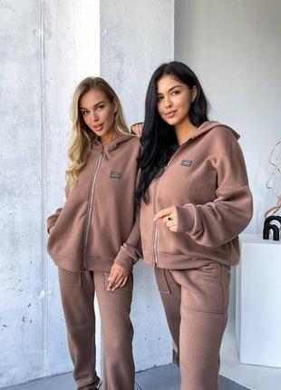 Качественный теплый женский спортивный костюм двойка ткань тринитка на флисе норма и больш...