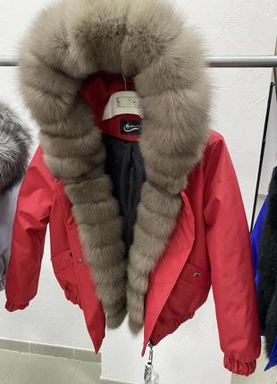 Женский зимний бомбер куртка с финским мехом песца в расцветке светлый соболь1 фото