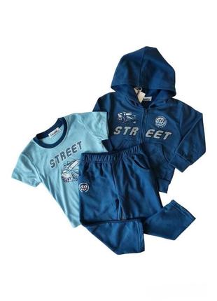 Детский спортивный костюм для мальчика комплект тройка кофта, брюки и футболка синий цвет  92-98  вн-41