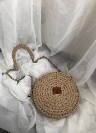 Сумка плетеная бирюзовая ручная работа круглая через плечо из ткани круглая