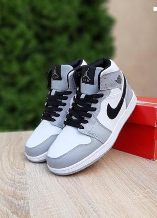 Nike air jordan 1 высокие белые с серым кроссовки женские кожаные отличное качество найк джордан осенние зимние евро зима с мехом высокие ботинки сапо