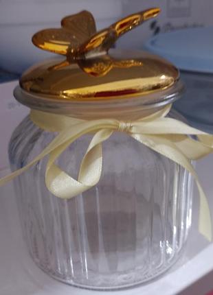 Сахарница, стеклянная баночка для хранения сыпучих с бабочкой 500 мл