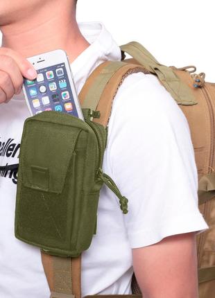 Сумка подсумок чехол для телефона на лямку рюкзака shoulder или на пояс зеленая олива с системой molle