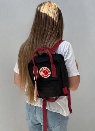 Рюкзак fjallraven kanken mini black, портфель канкен мини, міні, чорний, черный с бордовыми ручками, з бордовими , бордові, 7 л