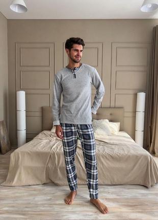 Теплая мужская пижама двойка штаны и лонгслив женская домашняя одежда для сна ткань футер трикотаж с начесом