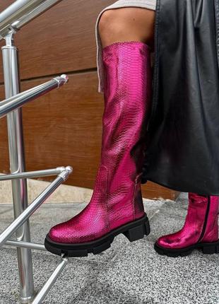 Дизайнерські рожеві чоботи alfa 🐺 натуральна шкіра з напиленням пітон металік зима демісезон 36-413 фото
