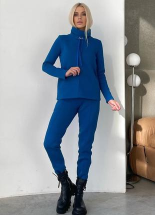 Спортивный костюм женский трикотажный на флисе синий с орниментом 3360-01
