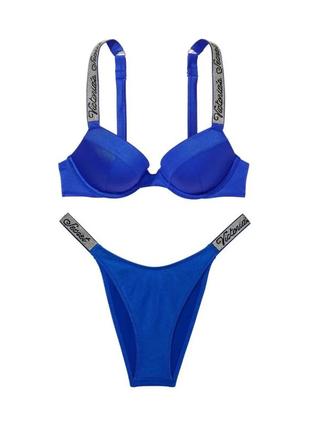 Купальник victoria's secret bikini shine strap sexy tee push-up blue oar logo set зі стразами 75d/m синій