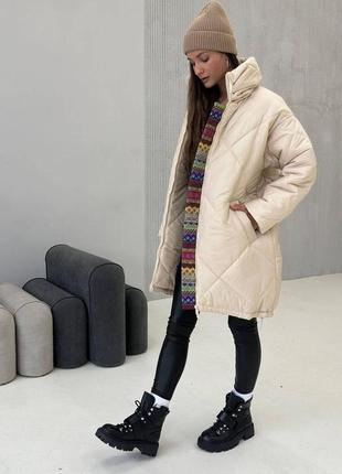 Зимняя женская куртка с высоким воротником без капюшона 3463-01 молочная4 фото