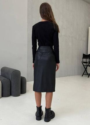 Женская юбка карандаш экокожа черная с этническим орнаментом 3460-012 фото