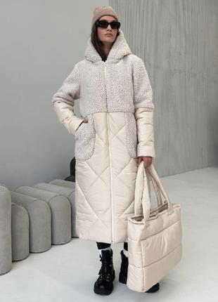 Пальто жіноче зимове стьобане з штучним хутром бежеве 3454-014 фото