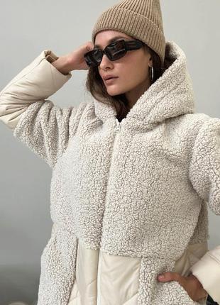 Пальто жіноче зимове стьобане з штучним хутром бежеве 3454-013 фото