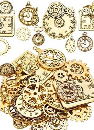 Набор из 100г металлических подвесок шармов шармиков, часы, золото