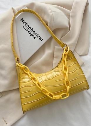 Женская маленькая сумочка через плечо багет рептилия крокодиловая кожа желтая2 фото