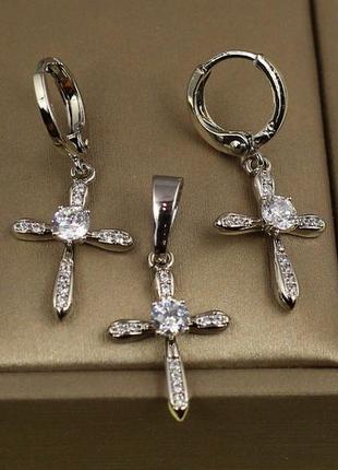 Набір xuping jewelry сережки з кулоном хрестики великий камінь сріблястий1 фото