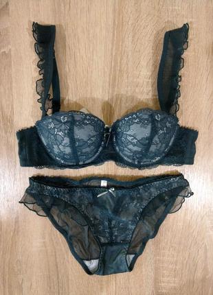 Комплект нижньої білизни simple в стилі victoria's secret з мереживом зелений (смарагдовий)10 фото