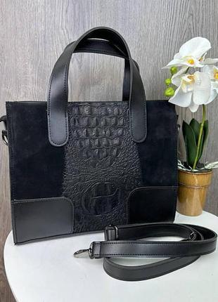 Женская замшевая сумка рептилия черная, сумочка из натуральной замши с тиснением в стиле рептилии крокодил