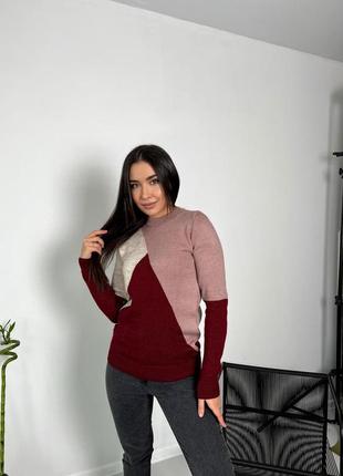 Женский теплый свитер, прилегающего силуэта, красн+роз+молоко3 фото