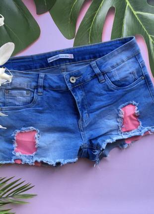 🧵блакитні джинсові шорти з рожевою сіткою/темно блакитні шорти/рвані короткі шорти🧵