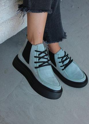 Женские замшевые демисезонные ботинки фисташкового цвета, хайтопы5 фото