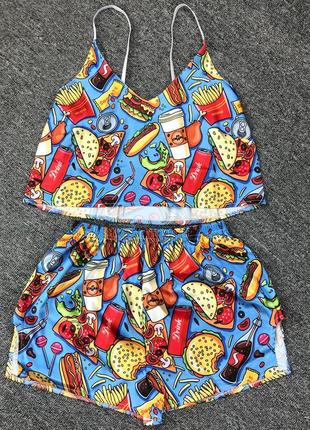 2-162 жіноча піжама фаст фуд комплект маєчка шорти женская пижама fast food