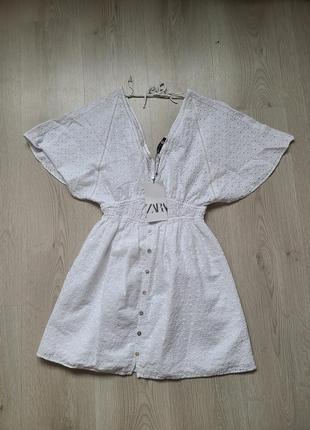 Плаття сукня біле прошва перфорація на ґудзиках котон zara xs s m 3449/9935 фото