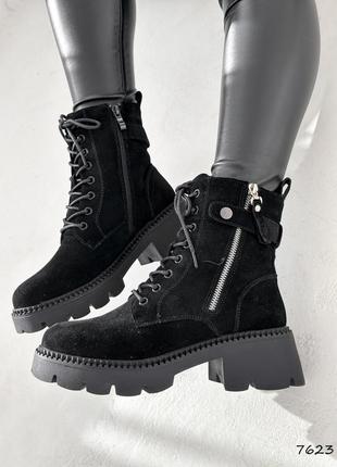 Трендовые черные женские ботинки зимние,на высокой подошве, замшевые/замша-женская обувь на зиму