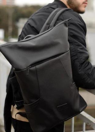 Рюкзак роллтоп кожаный мужской городской dragon черный с отделением для ноутбука s