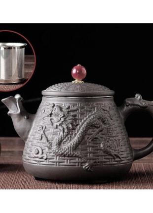 Чайник "дракон с фениксом в корзине" черный 500мл , чайник глиняный, чайник с исинской глины