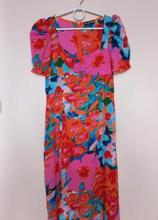 Яркое разноцветное цветочное платье миди, шифоновое платье миди, яркое платье 46-48 г.