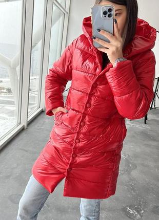 Пальто куртка зима с капюшоном монклер лаке красная длинная2 фото